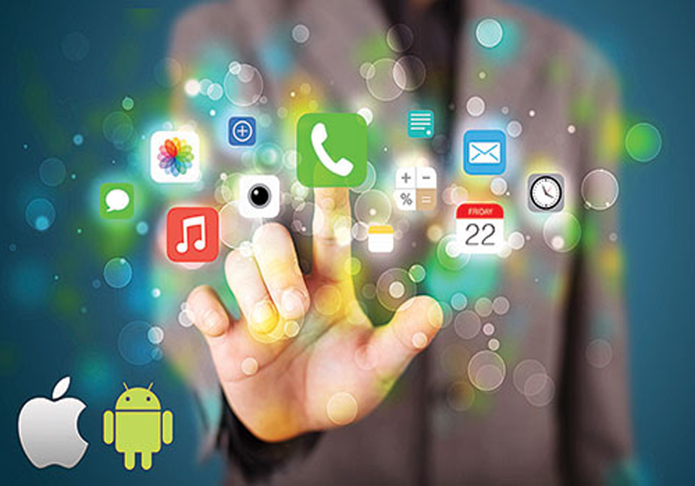 Handsome businessman pressing colorful mobile app icons with bok